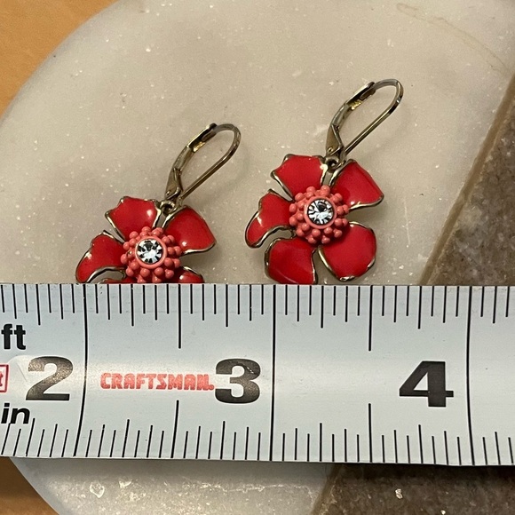 Coral Orange Enamel Floral Drop Earrings Gold Tone - Picture 9 of 12